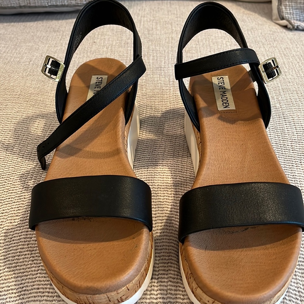 Steve Madden ankle strap black platform wedge sandal